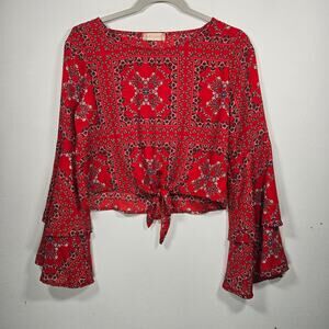 Altar'd State Red Badana Print Front Tie Top. Size Small